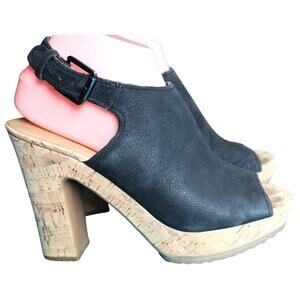 Franko Sarto Black Nubuck Leather Booties Cork Heels Open Toe Slingback Block 8m